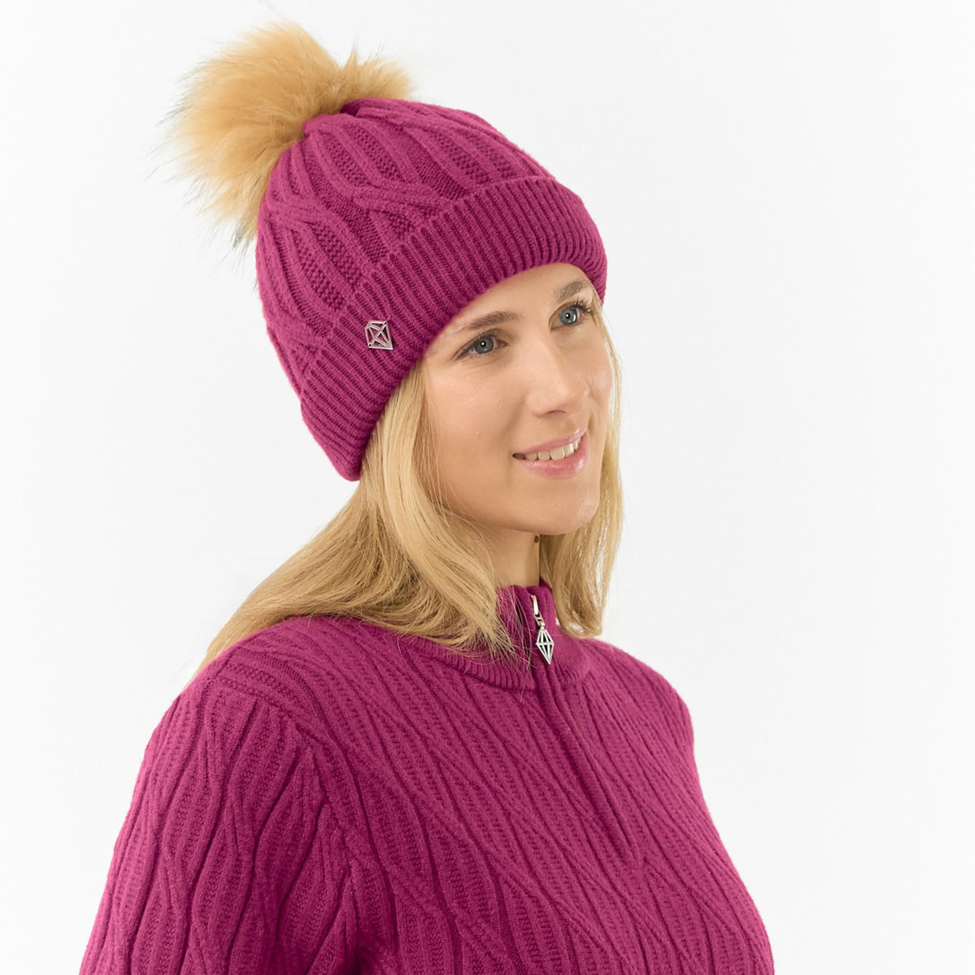 Pure Golf Suzie  Margot Knit Waterproof Ladies Bobble Hat Plum